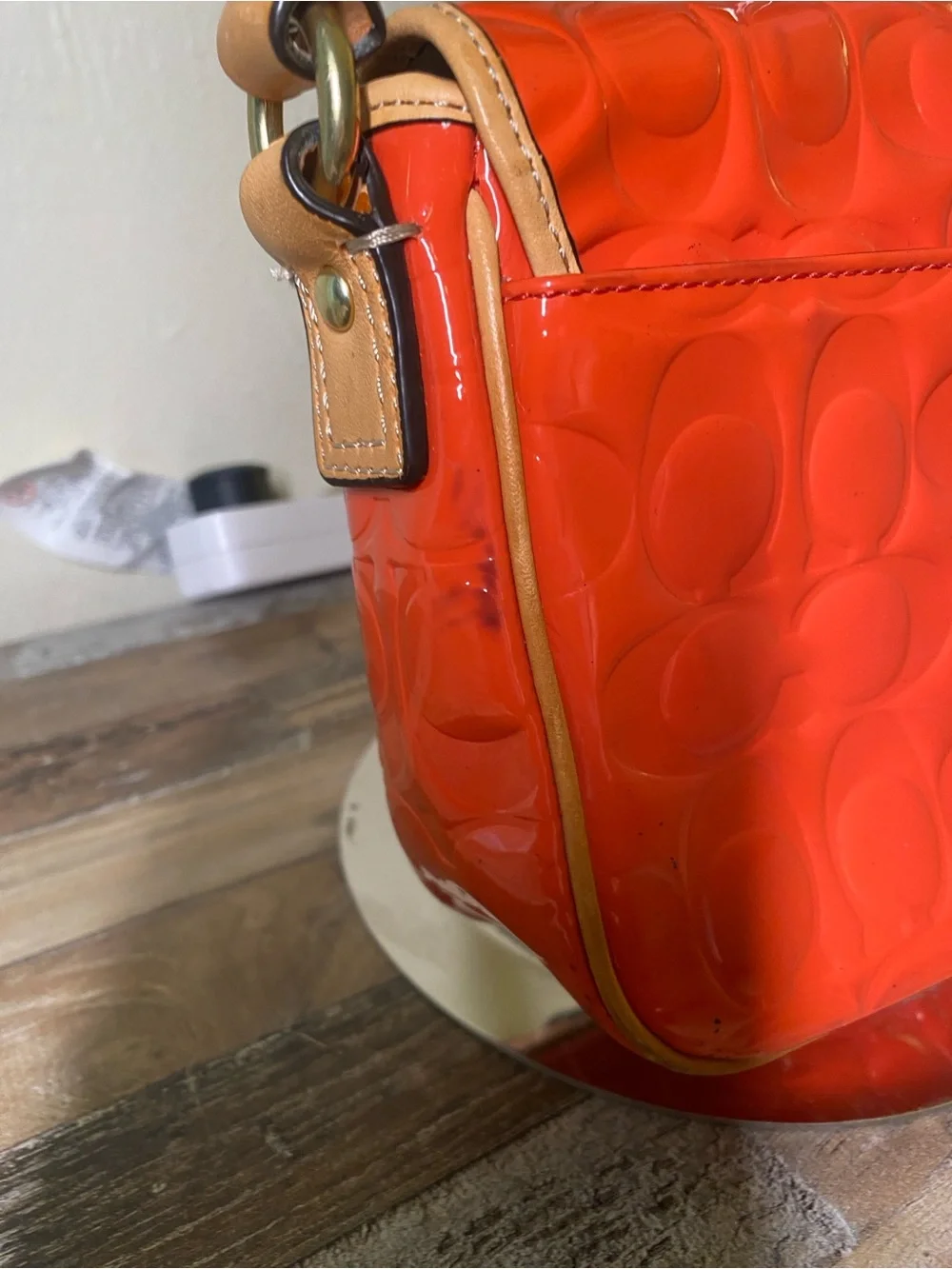 Coach Orange Patent Leather Signature Crossbody with Tan Trim - Picture 4 of 13
